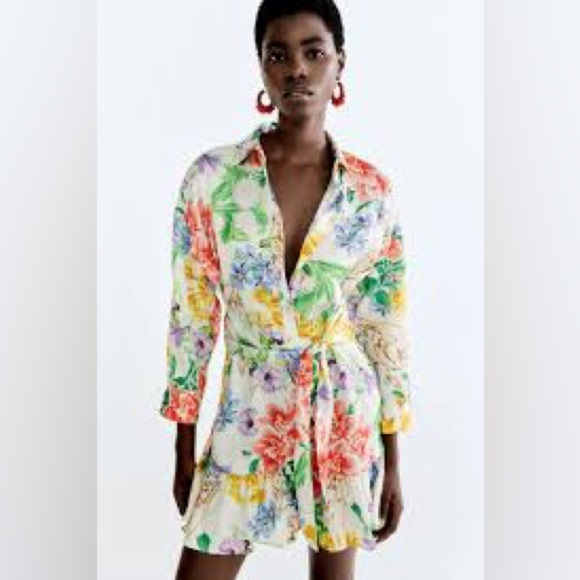 ZARA Long Sleeve Floral Button Down Dress with Front Tie Bow Satin Like Material - Picture 7 of 10